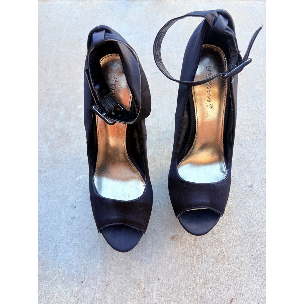 Y2K Shoedazzle Black Satin Peep Toe Platform Stiletto Heels Ankle Strap Size 7 - Picture 2 of 5
